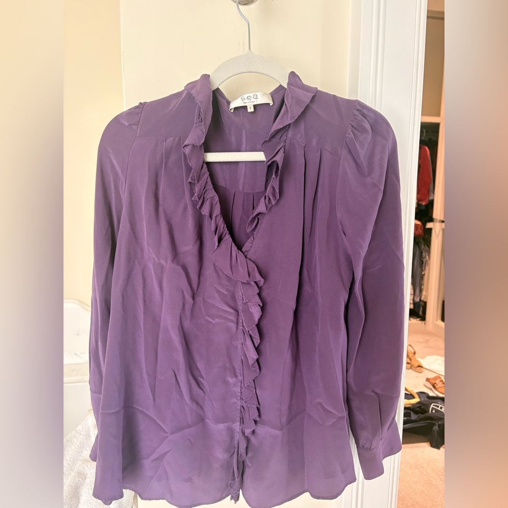 Sea New York Purple Ruffle-Trim V-Neck Blouse